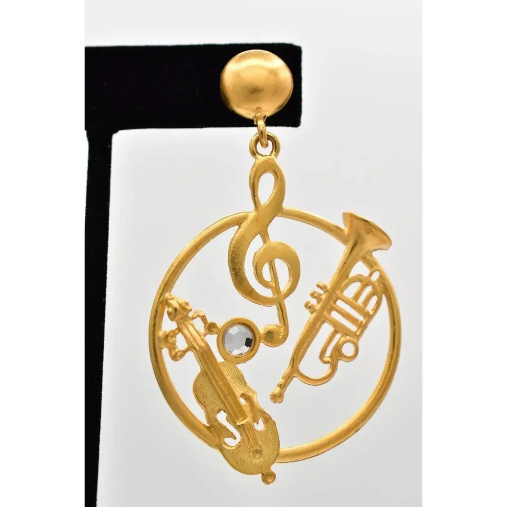 Vintage Musical Dangle Earrings Instrument Brushed Gold Matte NOS 1980s BinBK